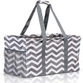 Extra Large Utility Tote Bag - Oversized Collapsible Reusable Wire Frame Rectangular Canvas Basket With Two Exterior Pockets For Beach, Pool, Laundry, Car Trunk, Storage - Chevron Gray by Lucazzi