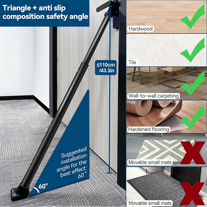 Rerishom 2 Pack Door Security Bar, Heavy Duty Door Stopper Jammer | Locking Security Bar for Door, Adjustable Home Security Barricade for Apartment, Hotel Room and Screen Door - Image 9