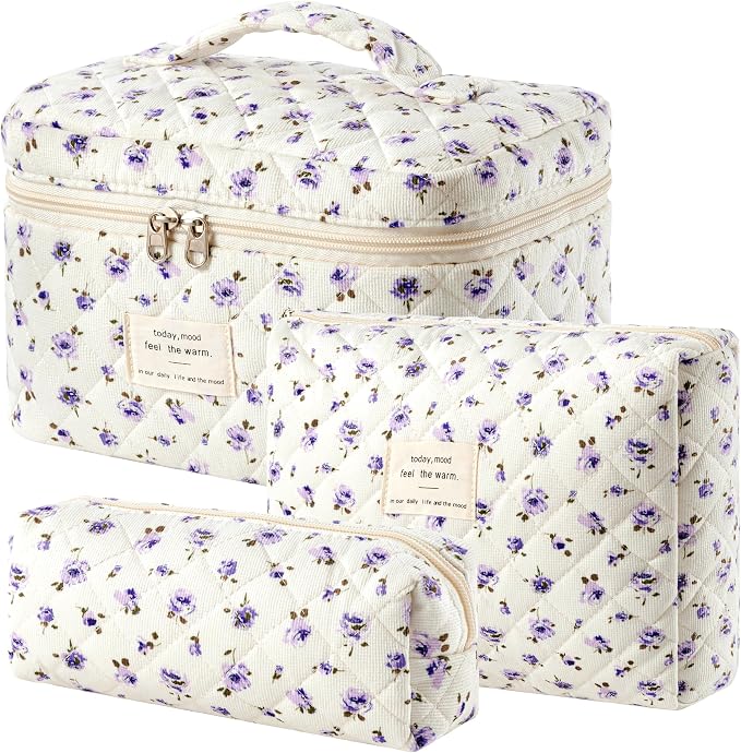 HBselect Quilted Makeup Bag, 3Pcs Cotton Large Travel Makeup Bags Organizer | Cute Floral Make up Bag Cosmetic Bag Toiletry Bag for Women Girls, Makeup Pouch for Skincare, Brushes & Travel Essentials by HBselect