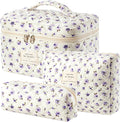 HBselect Quilted Makeup Bag, 3Pcs Cotton Large Travel Makeup Bags Organizer | Cute Floral Make up Bag Cosmetic Bag Toiletry Bag for Women Girls, Makeup Pouch for Skincare, Brushes & Travel Essentials by HBselect