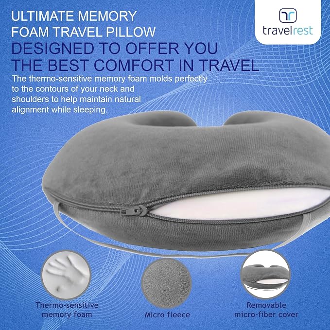 TRAVELREST Curl Neck Pillow Travel Essentials - Memory Foam Support - Grey | Breathable, Compact, Soft and Comfortable Design, Head & Shoulder Support For Long Flight Travel, Lightweight Washable Cover - Image 6