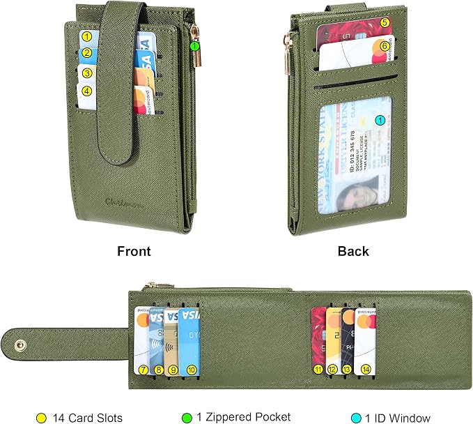 Chelmon Women's RFID Slim Card Holder Wallet | Thin Bifold Multi Card Case with Zipper Coin Pocket Purse for Women(Green Army) - Image 4