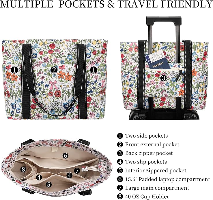 Tote Bag for Women with Laptop Compartment & Cup Holder,Nylon Bag for Work,Travel,Gym,Beach,Teacher,Nurse,School,Mom - Image 4