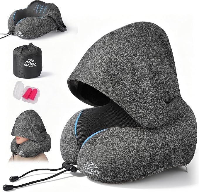 SkytraxComf® Travel Neck Pillow with Hood for Privacy on Long Flights | Memory Foam | Airplane Sleep | Safety-Tested Materials | Extra Large Hood | Chin Support | Earplugs | Washable Cover by SKYTRAXCOMF