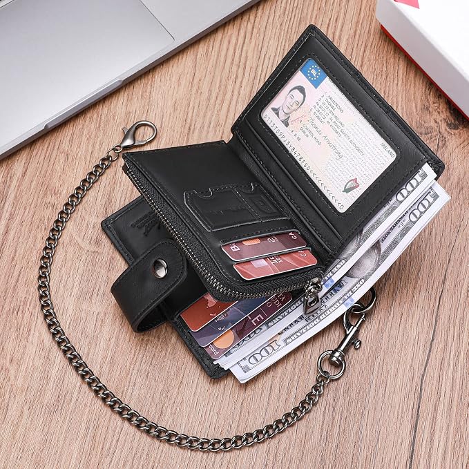 bill heart Chain Wallets for Men, RFID Blocking Genuine Leather Wallets with Anti-Theft Chain - Image 6