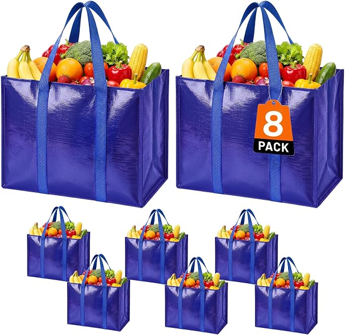 Reusable Grocery Bags, Waterproof & Foldable Shopping Bags Stand Upright | Heavy Duty Shopping Tote Bags, Waterproof & Foldable with Long Handles for Bulk Shopping, Versatile Storage 8 Pack-42L by WiseLife