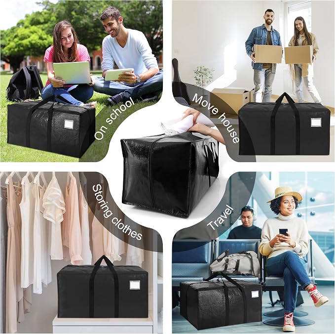 VELVETSURE Heavy Duty Extra Large Moving Bags W/Backpack Straps - Strong Handles & Zippers, Storage Totes For Space Saving, Fold Flat, Alternative to Moving Box and Storage Bin (Set of 6, Black) - Image 6