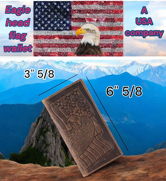 F&L CLASSIC Men's RFID Vintage Look Genuine Leather Long Bifold Wallet Checkbook Wallets,brown eagle flag,240-101 - Image 2