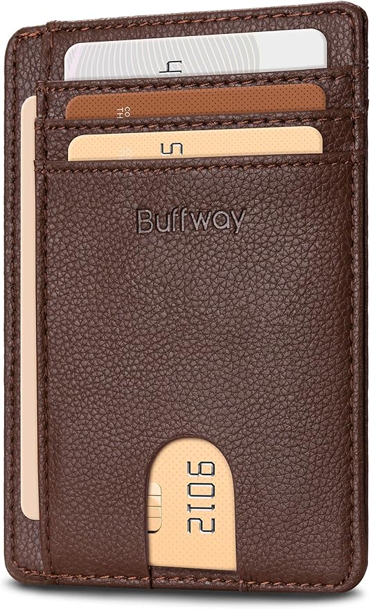 Buffway Slim Minimalist Front Pocket RFID Blocking Leather Wallets for Men and Women - Lichee Coffee by Buffway