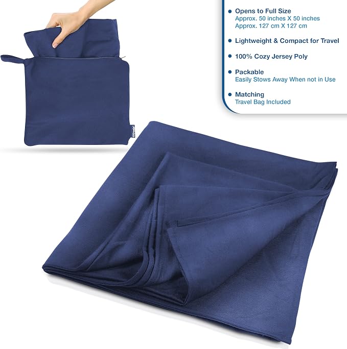 Super Soft Jersey Airplane Travel Blanket for Your Flight, Car, Camping, Home or Comforting Warmth Anywhere! Large in Size at 50"x 50" and Includes a Bag! - Blue - Image 2