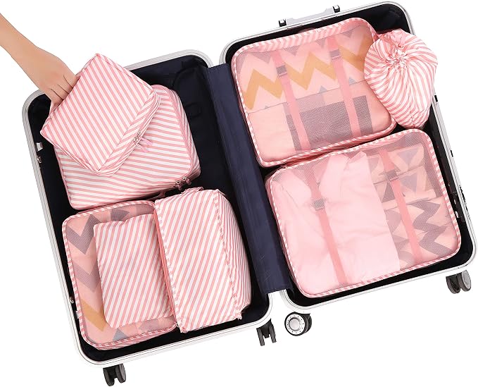 BAGAIL 8 Set Packing Cubes Luggage Packing Organizers for Travel Accessories-White and Pink Stripe - Image 7