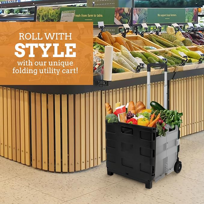 Inspired Living Ultra-Slim Rolling Collapsible Storage Pack-N-Roll Utility-carts, with Telescopic Handle, for Home, Garden, Shopping, Office, School use, Large, Grey & Black - Image 7
