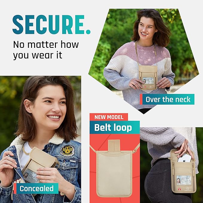Alpha Keeper Neck Wallet, Travel Pouch For Passport Holder And Documents, RFID Blocking, Beige, Unisex Adult, Travelers, Adults - Image 2