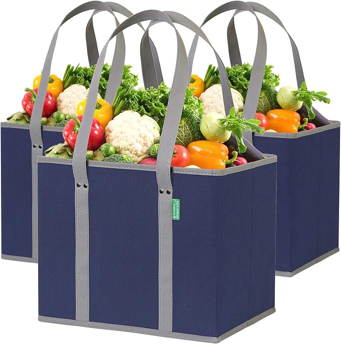 Reusable Grocery Bags (3 Pack) – Heavy Duty Reusable Shopping Bags with Box Shape to Stand Up, Stay Open, Fold Flat – Large Tote Bags are Foldable with Long Handles & Hard Bottom (Navy Blue) by CreativeGreenLife