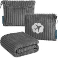 PAVILIA Travel Blanket Pillow, Soft Ribbed Fleece Airplane Blanket, Gray | 65x40, Compact Packable Plane Throw with Bag, Luggage Strap and Back Pocket, Cozy Flight Essentials Travelers Camping Gift by PAVILIA