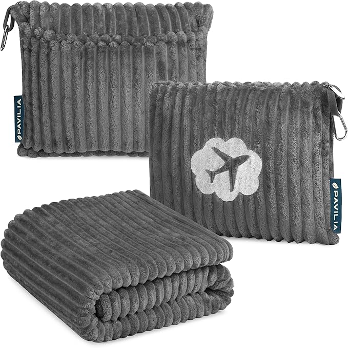 PAVILIA Travel Blanket Pillow, Soft Ribbed Fleece Airplane Blanket, Gray | 65x40, Compact Packable Plane Throw with Bag, Luggage Strap and Back Pocket, Cozy Flight Essentials Travelers Camping Gift by PAVILIA