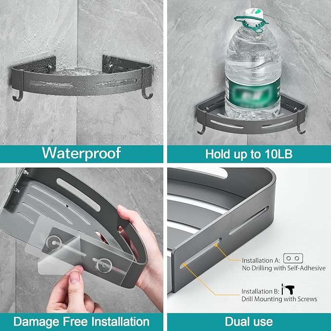 2-Tier Corner Shower Shelf, Dark Grey | No Drilling Bathroom Shelves Shower Caddies Adhesive Bath Corner Shelf Wall Mounted Bathroom Shower Caddy Organizer - Image 2
