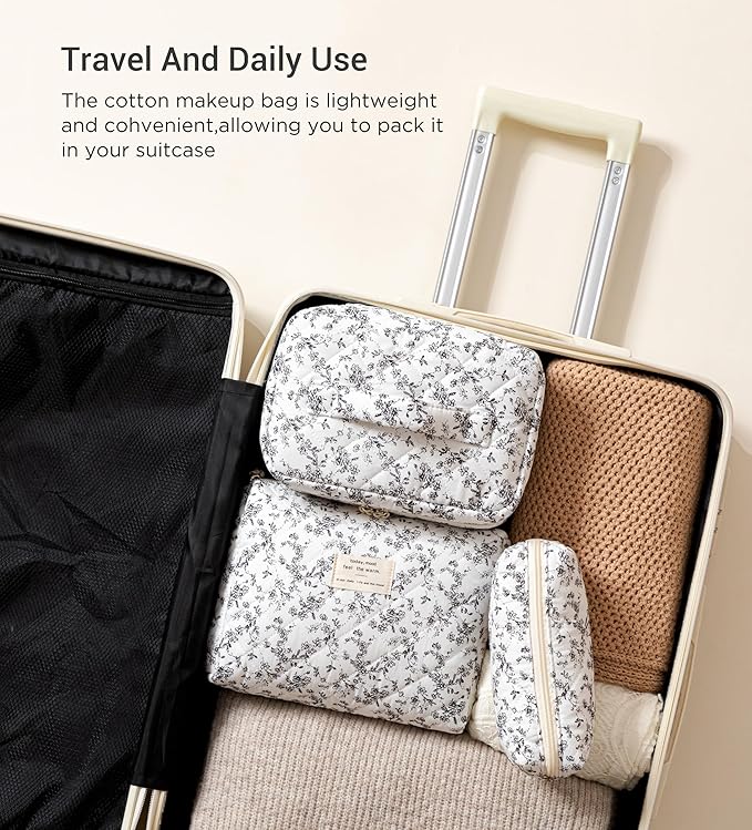 HBselect Quilted Makeup Bag, 3Pcs Cotton Large Travel Makeup Bags Organizer | Cute Floral Make up Bag Cosmetic Bag Toiletry Bag for Women Girls, Makeup Pouch for Skincare, Brushes & Travel Essentials - Image 4