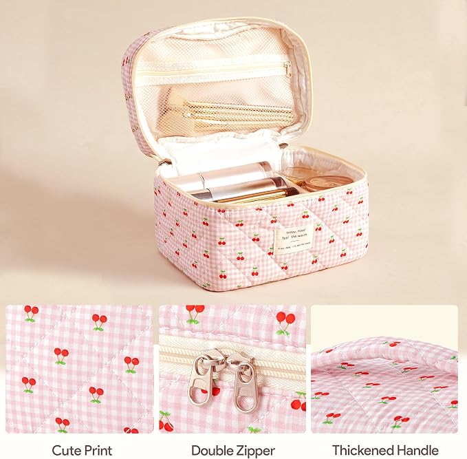 HBselect Quilted Makeup Bag, 3Pcs Cotton Large Travel Makeup Bags Organizer | Cute Floral Make up Bag Cosmetic Bag Toiletry Bag for Women Girls, Makeup Pouch for Skincare, Brushes & Travel Essentials - Image 3