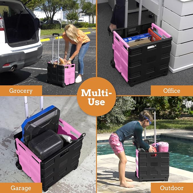 Inspired Living Ultra-Slim Rolling Collapsible Storage Pack-N-Roll Utility-carts, with Telescopic Handle, for Home, Garden, Shopping, Office, School use, Large, Pink & Black - Image 5