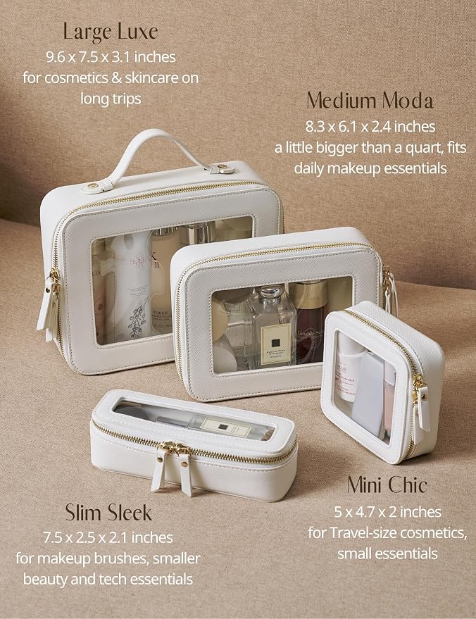Clear Makeup Bag with Zipper, Set of 2, Mini and Medium, White | Clear Travel Bags for Toiletries, Structured Cosmetic Case for Women, Waterproof PU Leather, Wide Open Portable Car Organier - Image 9