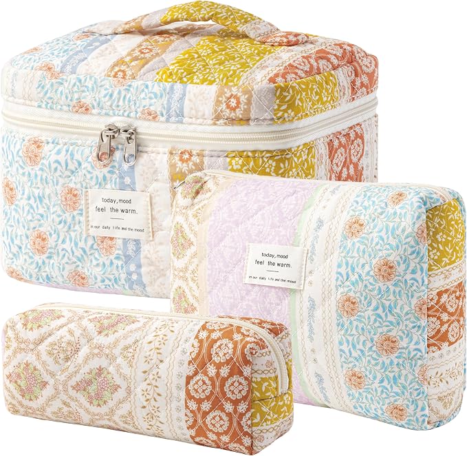 HBselect Quilted Makeup Bag, 3Pcs Cotton Large Travel Makeup Bags Organizer | Cute Floral Make up Bag Cosmetic Bag Toiletry Bag for Women Girls, Makeup Pouch for Skincare, Brushes & Travel Essentials by HBselect