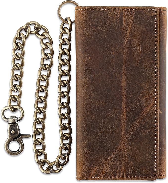 F&L CLASSIC RFID Blocking Mens Tri-fold Long Style Cowhide Leather Steel Chain Wallet,buffalo wax vintage leather,212 wax brown by FLCLASSIC