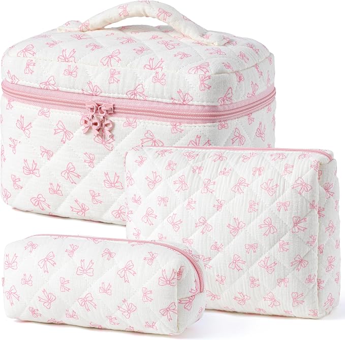 HBselect Quilted Makeup Bag, 3Pcs Cotton Large Travel Makeup Bags Organizer | Cute Floral Make up Bag Cosmetic Bag Toiletry Bag for Women Girls, Makeup Pouch for Skincare, Brushes & Travel Essentials by HBselect
