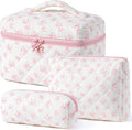 HBselect Quilted Makeup Bag, 3Pcs Cotton Large Travel Makeup Bags Organizer | Cute Floral Make up Bag Cosmetic Bag Toiletry Bag for Women Girls, Makeup Pouch for Skincare, Brushes & Travel Essentials by HBselect