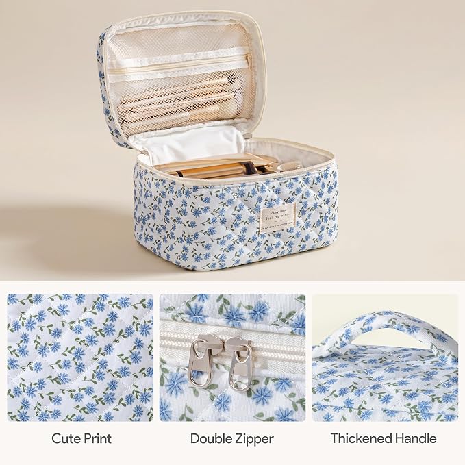HBselect Quilted Makeup Bag, 3Pcs Cotton Large Travel Makeup Bags Organizer | Cute Floral Make up Bag Cosmetic Bag Toiletry Bag for Women Girls, Makeup Pouch for Skincare, Brushes & Travel Essentials - Image 2