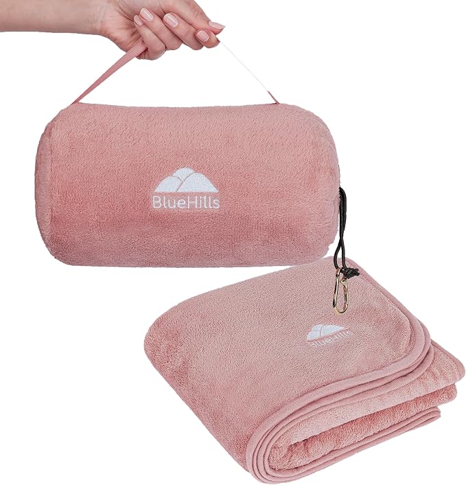 BlueHills Rolled Travel Blanket Pillows for Two Value Pack Set of 2 – Airplane Travel Essentials Soft Flight Trips Throws in Portable Cases for Car Plane Travel Gifts – Navy Blue and Pink - Image 3