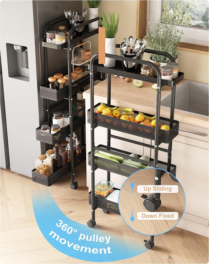 UMDONX 4-Tier Narrow Mobile Storage Cart with Pull-Out Baskets | The Multifunctional Pull-out Storage Rack Is Suitable for Bathrooms, Kitchens, and Laundry Rooms - Image 2