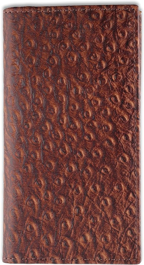 F&L CLASSIC Men's RFID Vintage Look Genuine Leather Long Bifold Wallet Checkbook Wallets,ostrich print brown,240-51 by FLCLASSIC