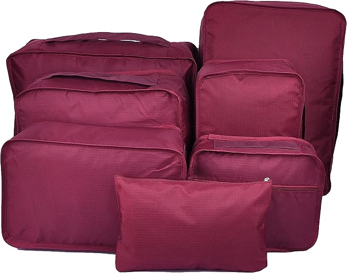 Vercord 7 Set Travel Packing Organizers Cubes Luggage Suitcase Organizer Bags Clothes Underwear Cube Shoe Pouch Pack Burgundy - Image 2