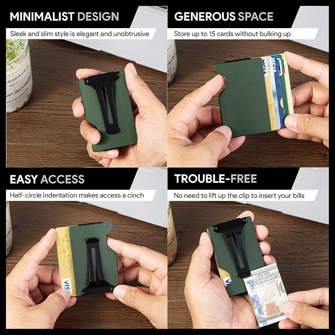 Minimalist Wallet for Men, Slim Metal RFID Blocking Wallet Credit Card Holder Money Clip & Cash Strap, Scratch-Resistant Holds 15 Cards,Ideal Gift for Men | Matte Green - Image 6