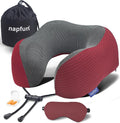 napfun Neck Pillow for Travel with Travel Pouch, Sleep Mask & Earplugs, Memory Foam Airplane Pillow for Headrest Sleep with Eyeshades, Plane Essentials with Eye Blindfold, Burgundy Striped Kit by NAPFUN