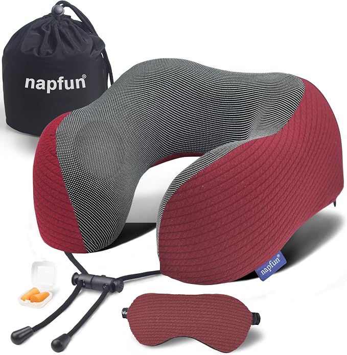 napfun Neck Pillow for Travel with Travel Pouch, Sleep Mask & Earplugs, Memory Foam Airplane Pillow for Headrest Sleep with Eyeshades, Plane Essentials with Eye Blindfold, Burgundy Striped Kit by NAPFUN
