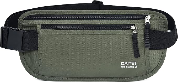 RFID Blocking Money Belt for Men Women, Slim Fanny Pack for Travel，Running,Conceal Waist Wallet for Passport Holder,Phone,Cash(Black Dark Olive Green) by DAITET