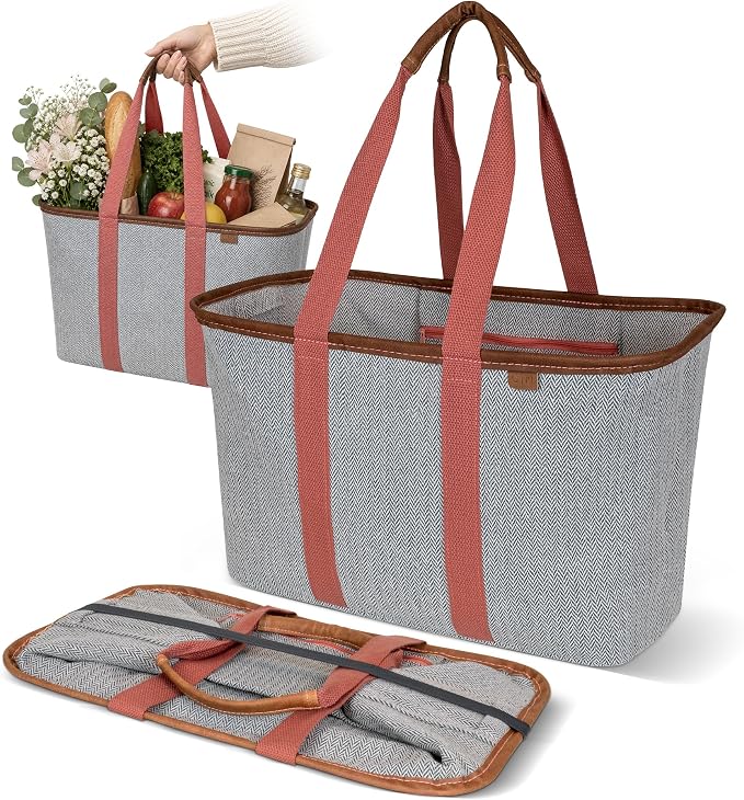 CleverMade Collapsible Tote LUXE, 30L Structured Tote Bag with Handles | Pack It All Without the Floppy-Bag Fight | Steel Rim Stays Open, Soft Grips Carry 30 lb, and Tote Folds to 1.5 Inches by CleverMade