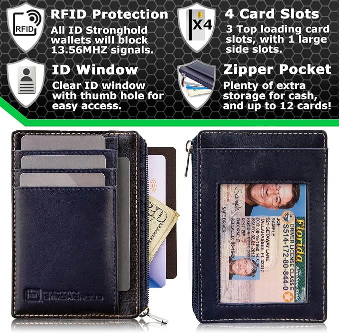 ID Stronghold RFID Blocking Front Pocket Wallet – Slim Minimalist Genuine Leather Wallet with Zipper Coin Pocket (Blue) - Image 4
