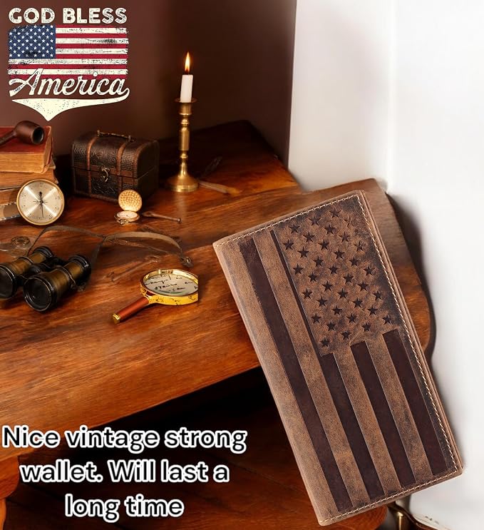 F&L CLASSIC Men's RFID Vintage Look Genuine Leather Long Bifold Wallet Checkbook Wallets,brown flag,240-100 - Image 6