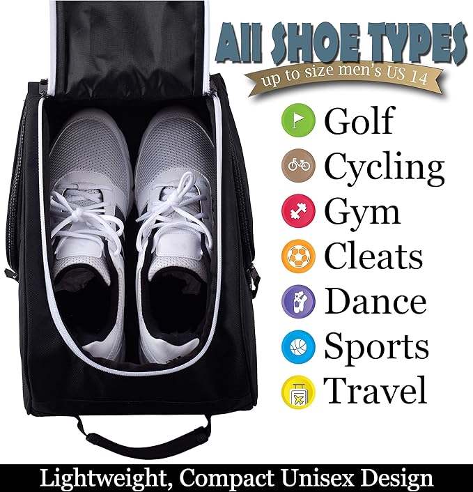 Athletico Golf Shoe Bag - Zippered Shoe Carrier Bags With Ventilation & Outside Pocket for Socks, Tees, etc. Perfect Storage (Black) - Image 4