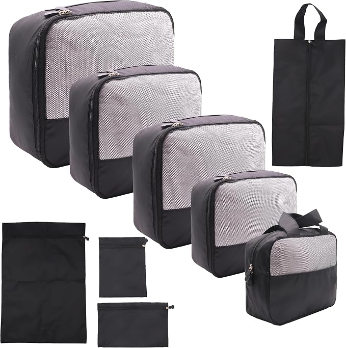 DoubleTrip 9-Piece Black Travel Organizer Set with 4 Packing Cubes, Cosmetic Organizer, Shoe & Electronics Pouches, and Accessories & Laundry Bag for Luggage Storage & Travel Essentials by DoubleTrip