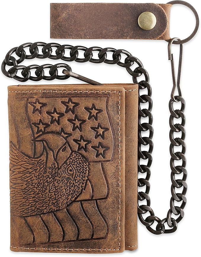 F&L CLASSIC RFID Blocking Men's Tri-fold Vintage Biker Cowhide Leather Steel Chain Wallet,Snap closure, brown,eagle flag,315-101 by FLCLASSIC
