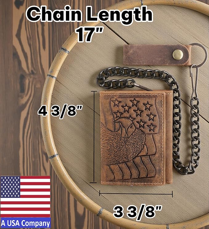 F&L CLASSIC RFID Blocking Men's Tri-fold Vintage Biker Cowhide Leather Steel Chain Wallet,Snap closure, brown,eagle flag,315-101 - Image 3