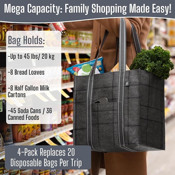 VENO 4 Pack Large Grocery Bag Reusable Shopping Bags with Hard Bottom | Utility Tote with Reinforced Handles, Heavy Duty, Foldable, Stand Upright, for Groceries Shopping Cart (Windowpane, 4 Pack) - Image 5
