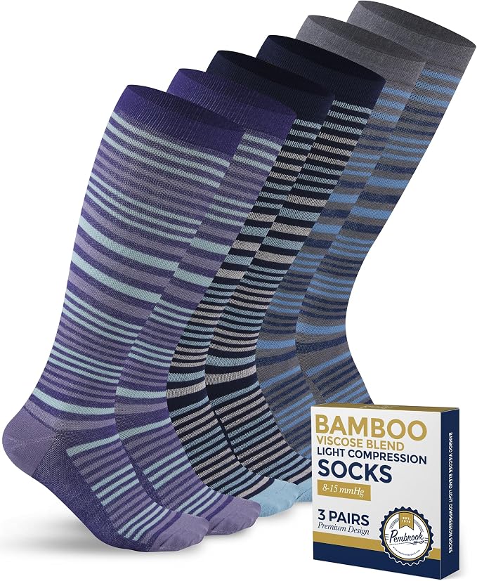 Pembrook® Bamboo Viscose Light Compression Socks - 3 Pairs | 8-15 mmhg Compression Socks | Knee High Comfort Support Socks by Pembrook