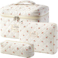 HBselect Quilted Makeup Bag, 3Pcs Cotton Large Travel Makeup Bags Organizer | Cute Floral Make up Bag Cosmetic Bag Toiletry Bag for Women Girls, Makeup Pouch for Skincare, Brushes & Travel Essentials by HBselect