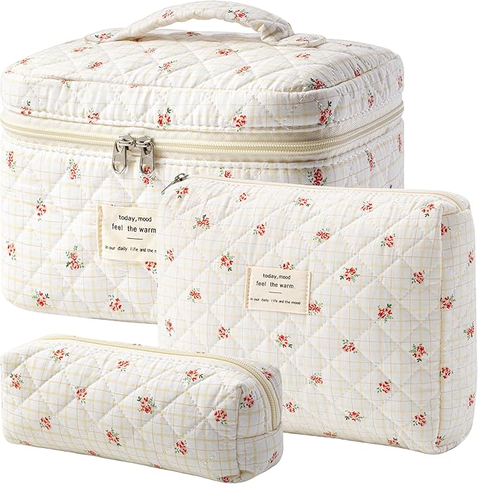 HBselect Quilted Makeup Bag, 3Pcs Cotton Large Travel Makeup Bags Organizer | Cute Floral Make up Bag Cosmetic Bag Toiletry Bag for Women Girls, Makeup Pouch for Skincare, Brushes & Travel Essentials by HBselect