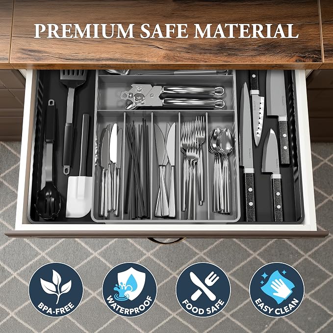 Simple Houseware Expandable Kitchen Drawer Flatware Organizer, Black/Gray | Expandable & Adjustable Cutlery Drawer Organizer - Large Utensil and Flatware Tray for Kitchen Drawers - Image 5